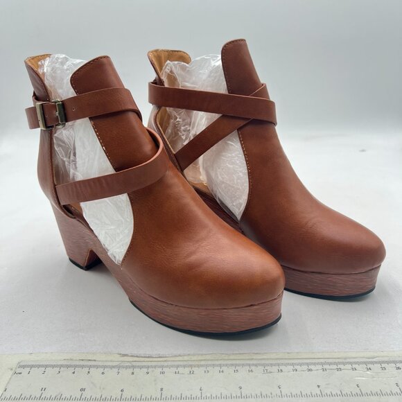YDN Brown Retro Platform Cross Strap Buckles Ankle Boot Closed Toe Mid Heel Boot - Picture 3 of 7